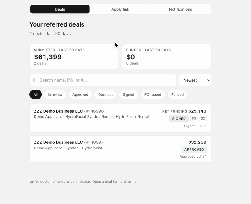 PartnerView Deals overview with summary, search, filters, and deal cards