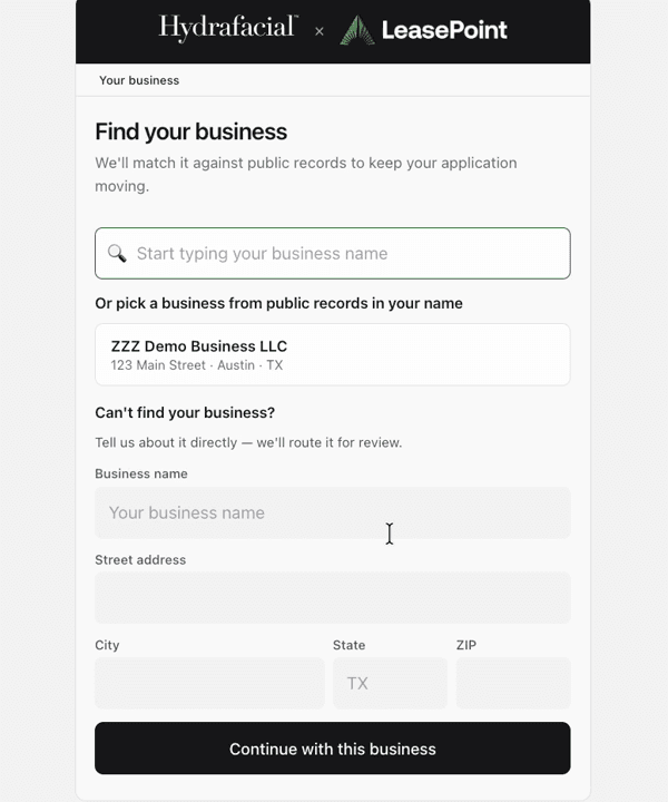 Buyer experience showing a business matching step