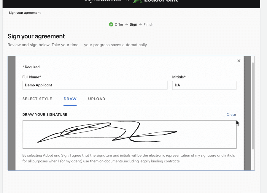 Buyer signing workflow showing signature adoption