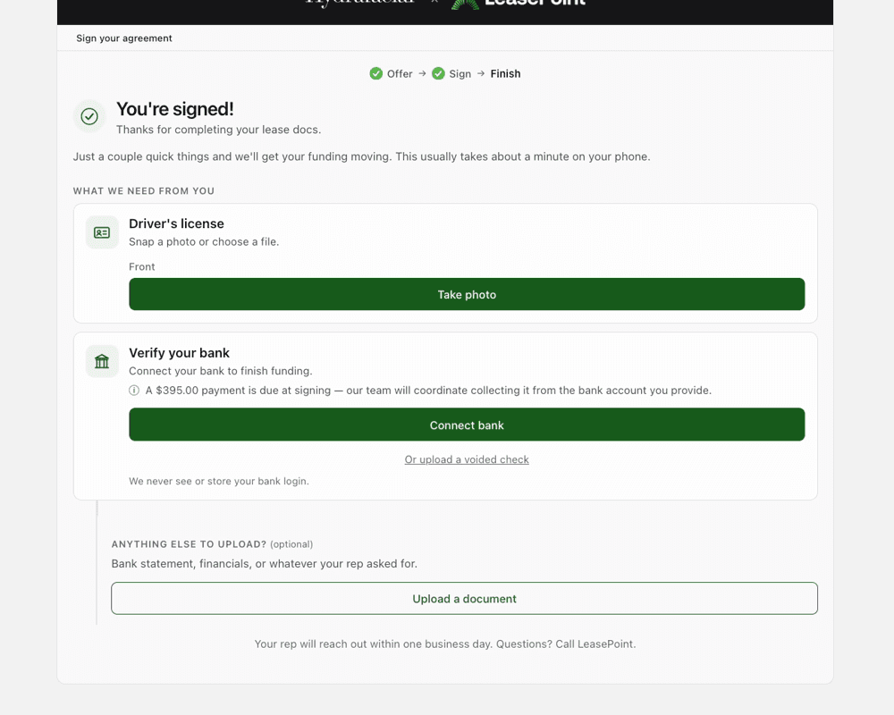Buyer experience showing remaining post-signing requirements